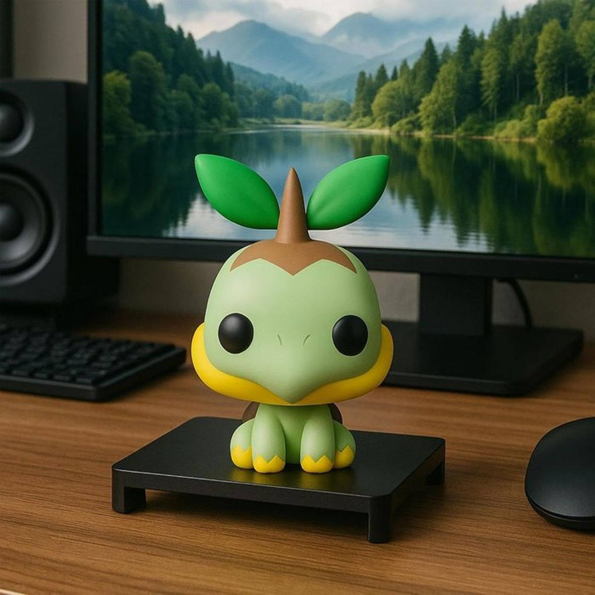 Figura verde con hojas en la cabeza sobre soporte negro ante monitor con paisaje.