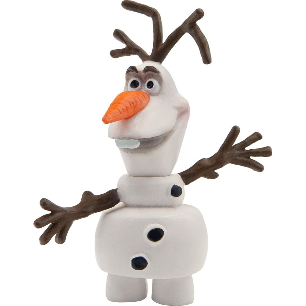 Una piccola figura di pupazzo di neve bianco con naso di carota e braccia di ramoscelli.