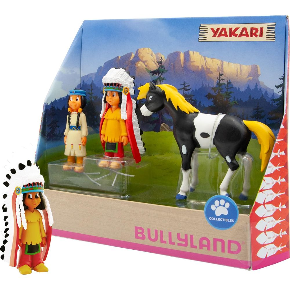 Yakari-Spielset mit Figuren und Pferd in einer Verpackung mit Bergkulisse.
