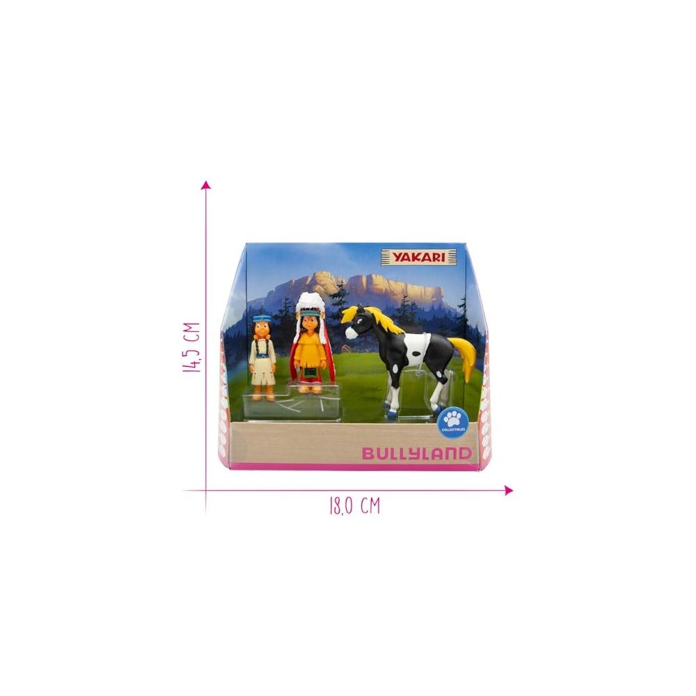 Yakari-Spielzeugfiguren mit Pferd vor Bergkulisse.