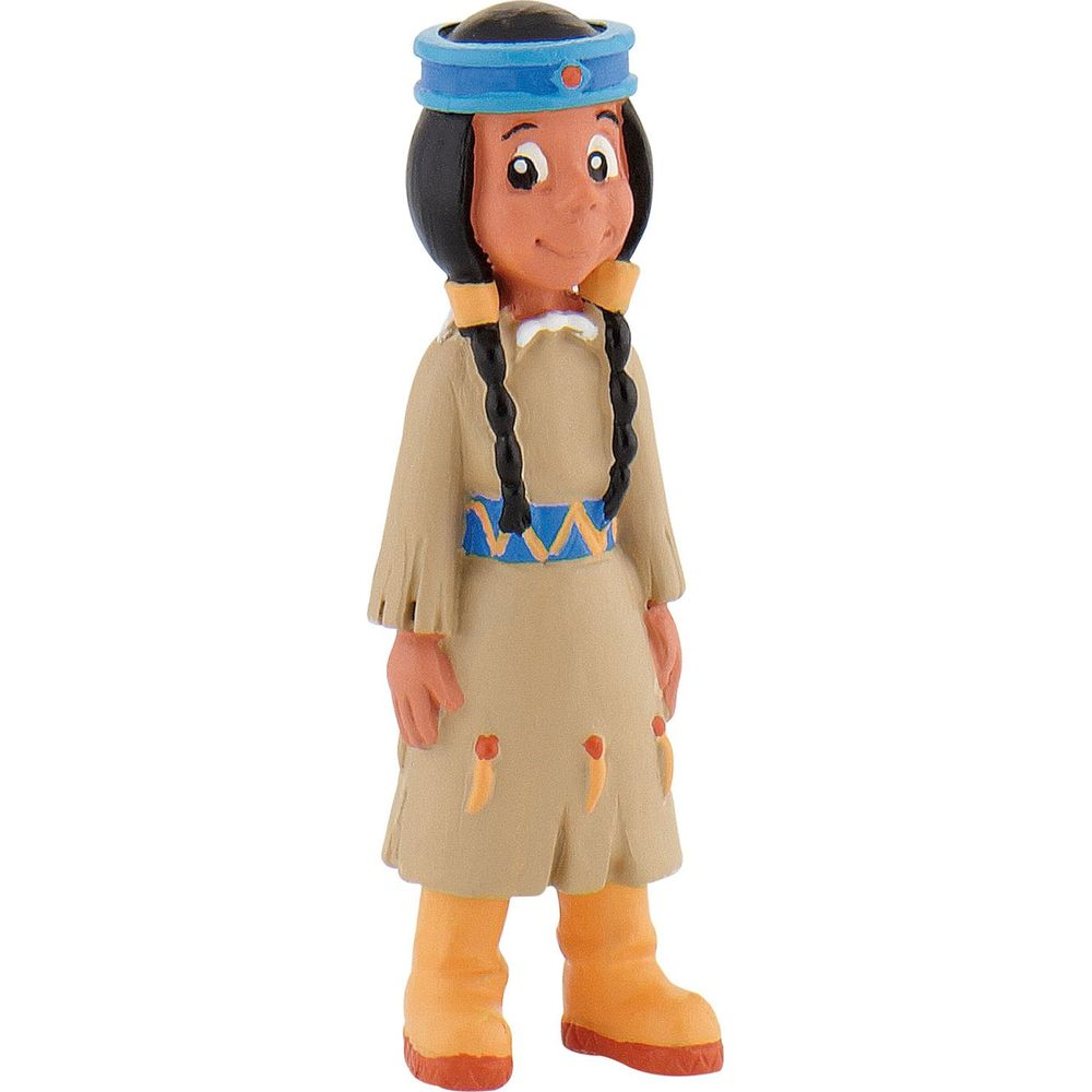 Figur eines Mädchens im Indianerkostüm mit Zöpfen und Stirnband.