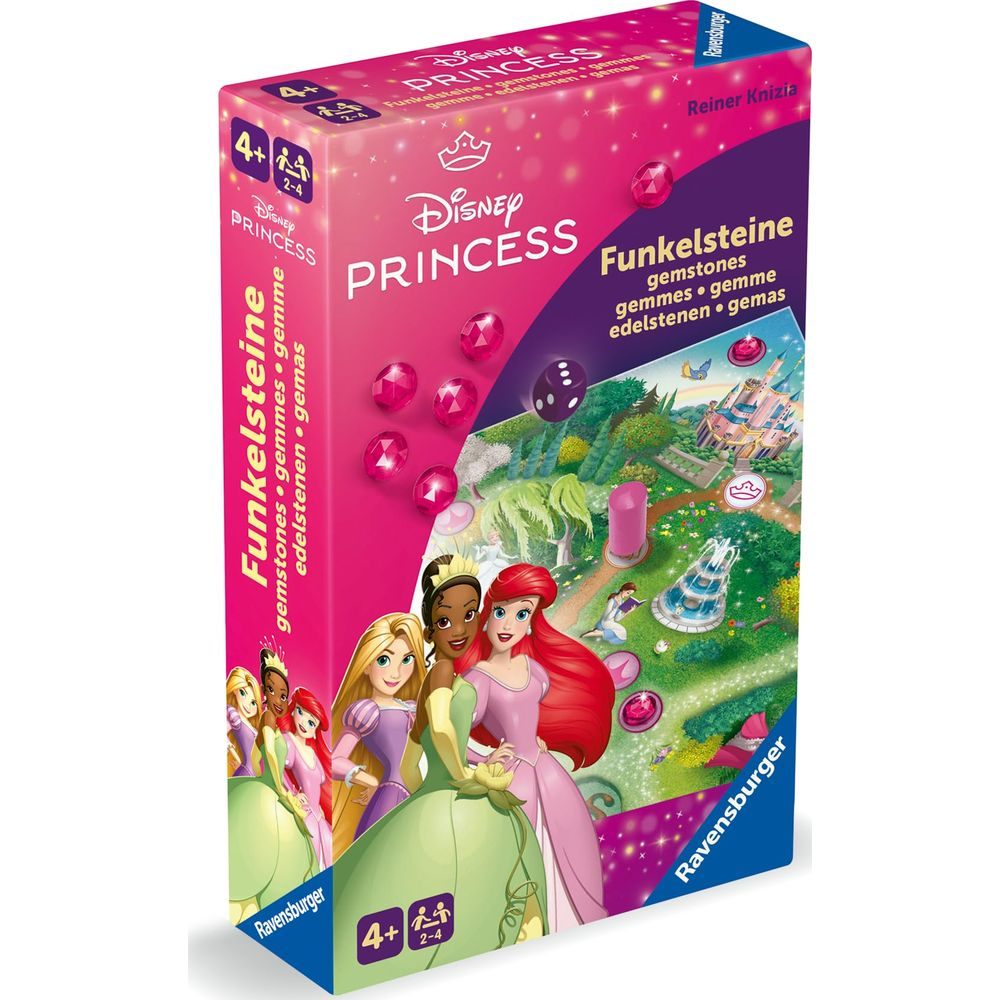 Scatola gioco Disney Princess con personaggi, gemme e castello.