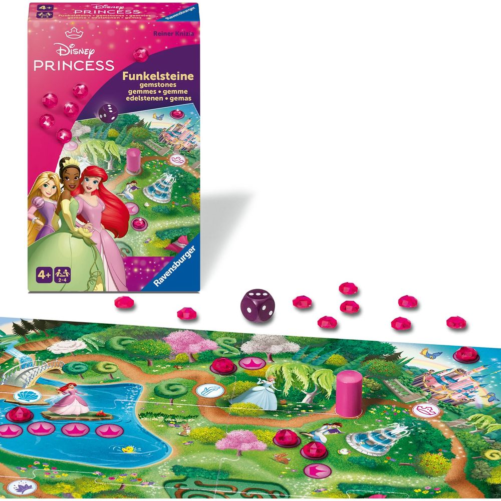 Tabellone di gioco Disney Princess con figure, gemme e dadi.