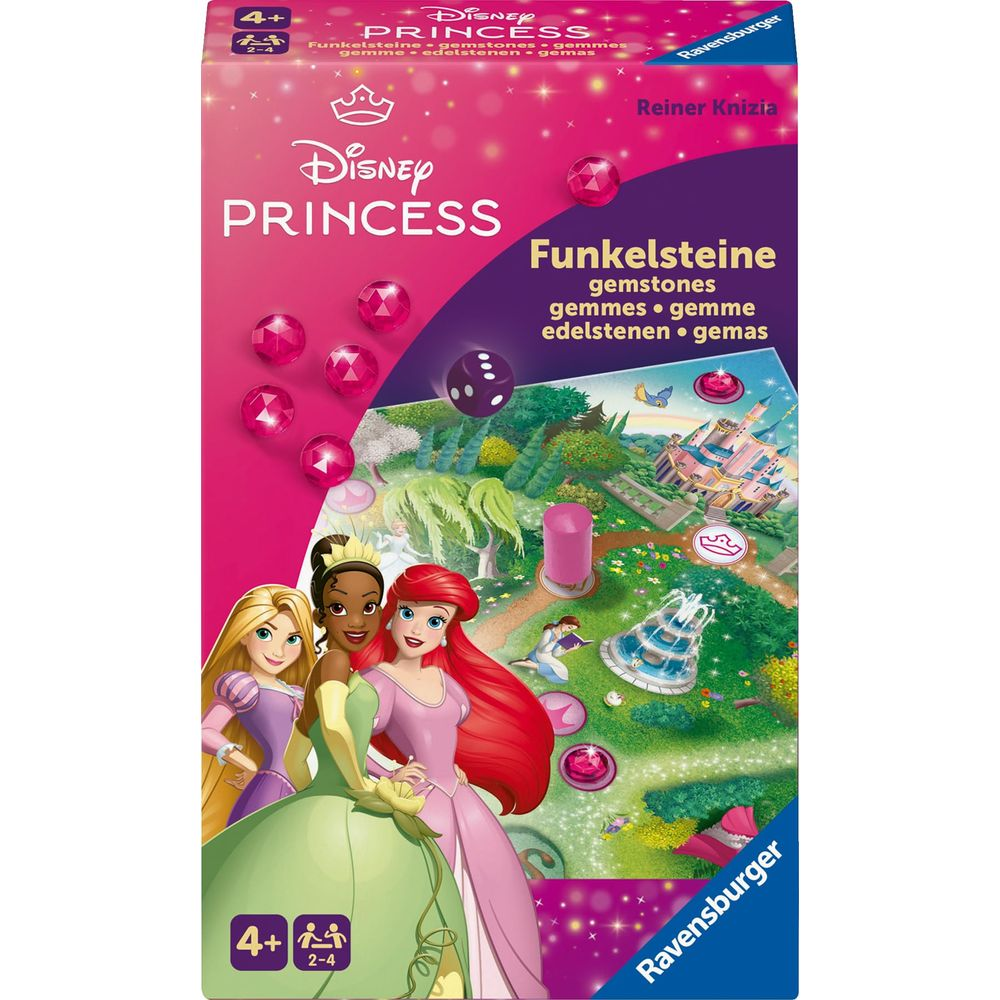 Gioco da tavolo Disney Princess con Rapunzel, Tiana e Ariel davanti a un castello.