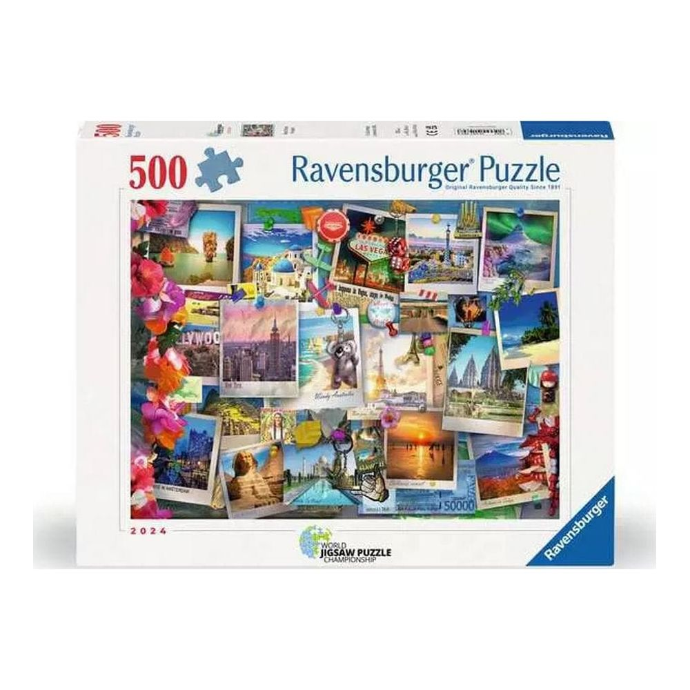Boîte de puzzle Ravensburger 500 pièces présente un collage de photos de voyage.