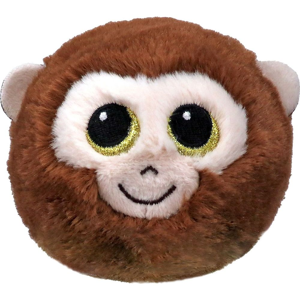 Testa di scimmia di peluche marrone con grandi occhi scintillanti e un sorriso.