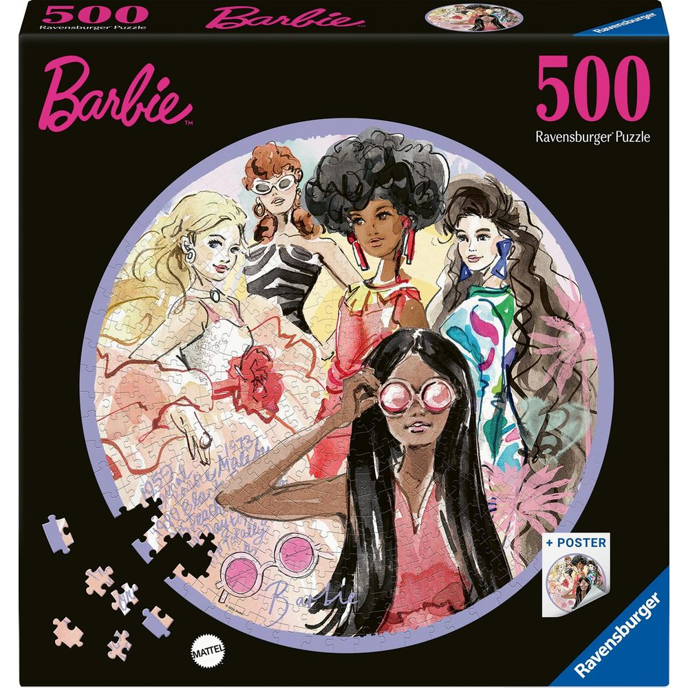 Eine Barbie-Puzzlebox zeigt fünf stilvolle Barbies in verschiedenen Outfits und Frisuren.