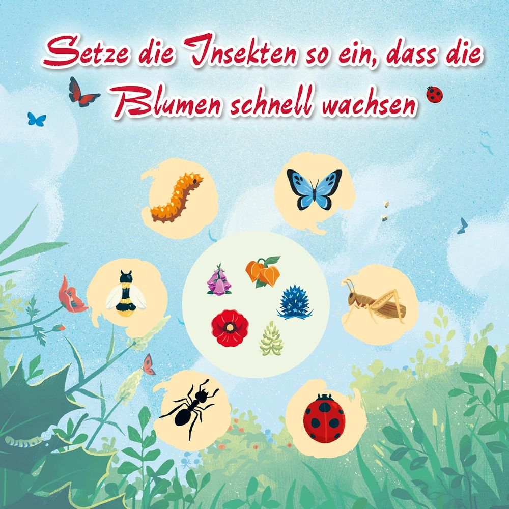Illustrazione con insetti, fiori e testo. Un gioco per abbinare insetti ai fiori.