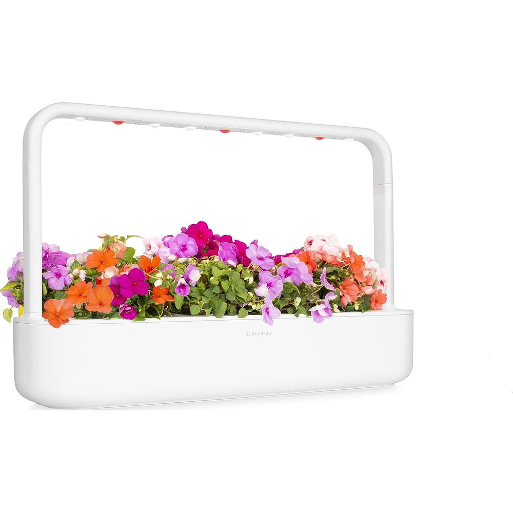 Een witte binnentuin met levendige roze, paarse en oranje bloemen.