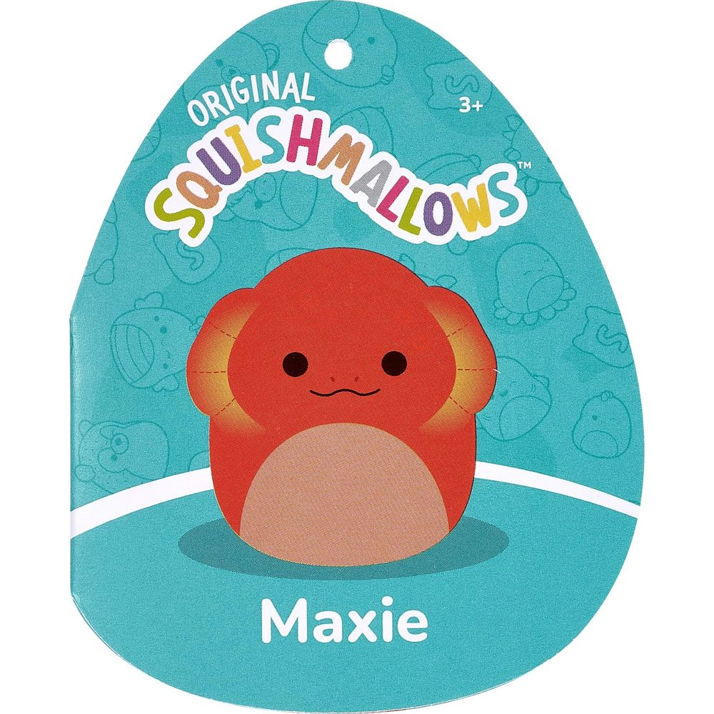 Un Squishmallow rosso di nome Maxie con orecchie e pancia color cuoio.