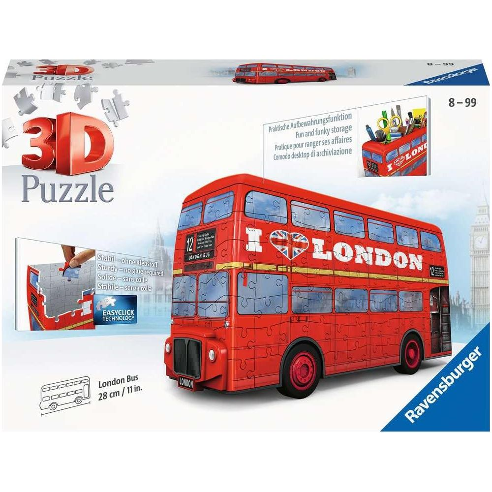 Pudełko z puzzlami 3D czerwonego piętrowego autobusu z Londynu. Z napisem "I LOVE LONDON".