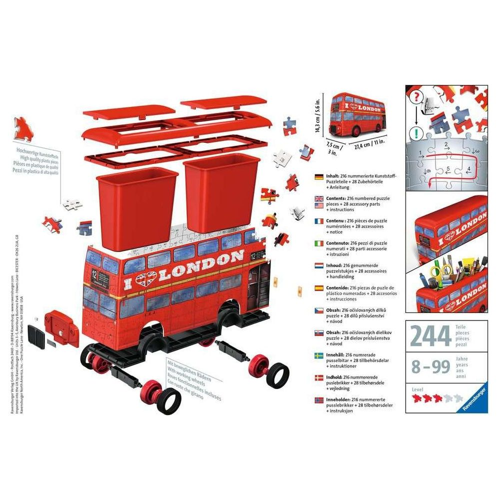 Rozłożony czerwony autobus piętrowy Londyn z częściami i instrukcją.