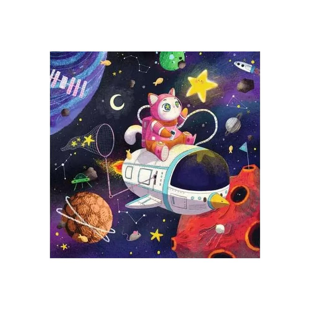 Un gatto in tuta spaziale pilota un'astronave nello spazio, circondato da pianeti e stelle.
