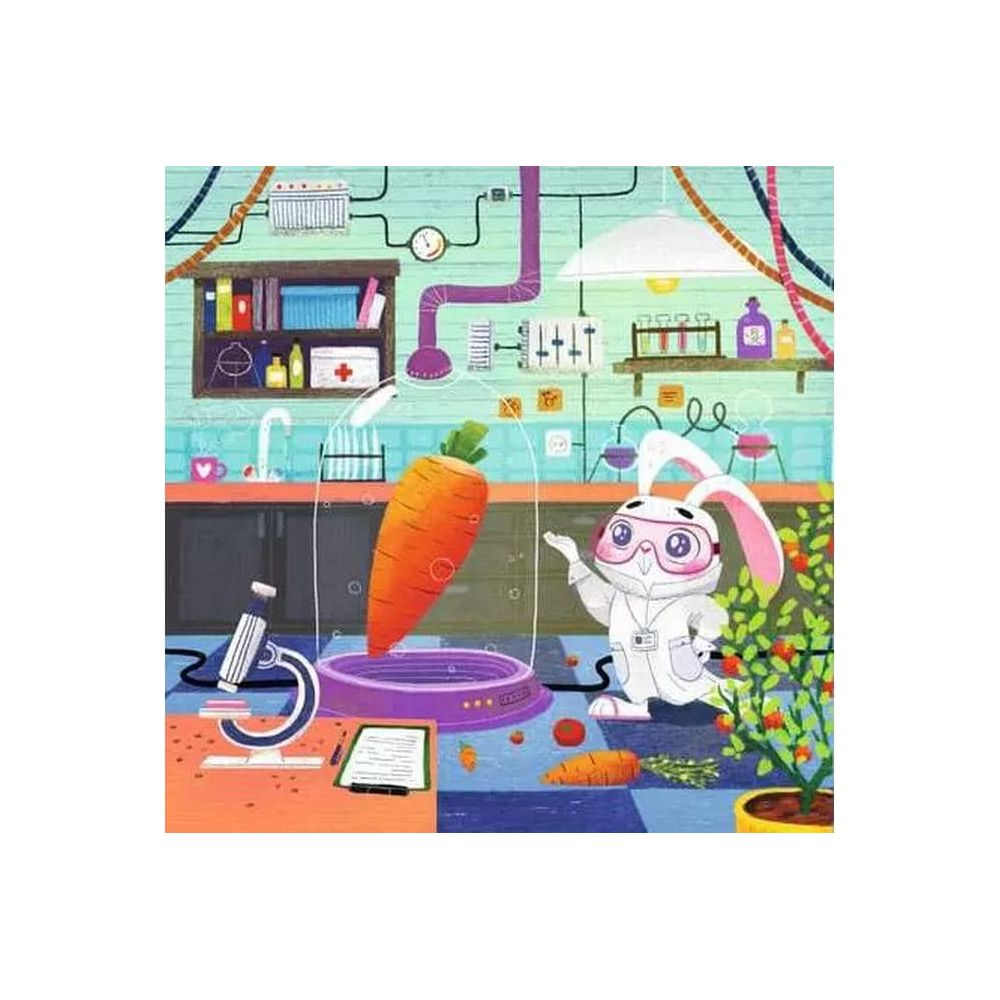 Un coniglio in camice da laboratorio e occhiali esamina una carota in un contenitore di vetro.