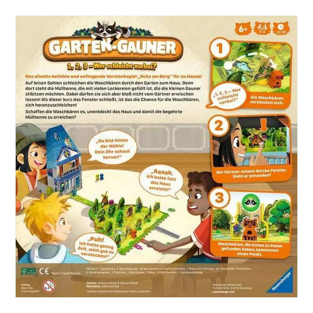 Tabellone di gioco 'Garten-Gauner' con procioni e casa. Scene di gioco illustrate.