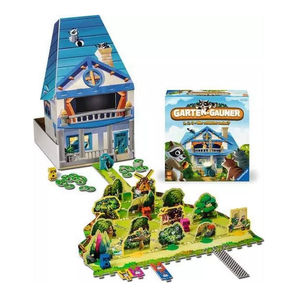 Set gioco da tavolo con casa, campo da gioco e scatola. Procioni sul tetto.