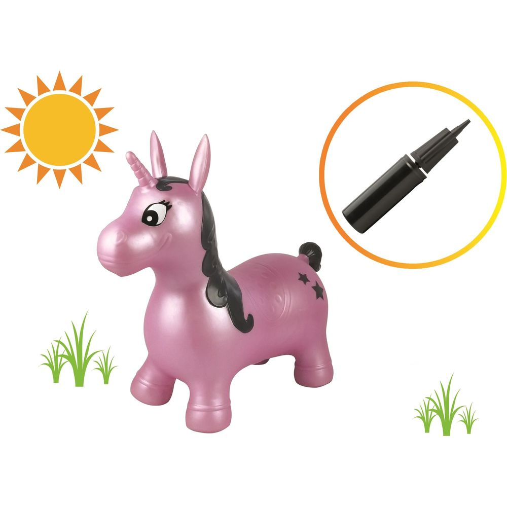 Un saltador inflable rosa de unicornio con estrellas, sol y bomba.