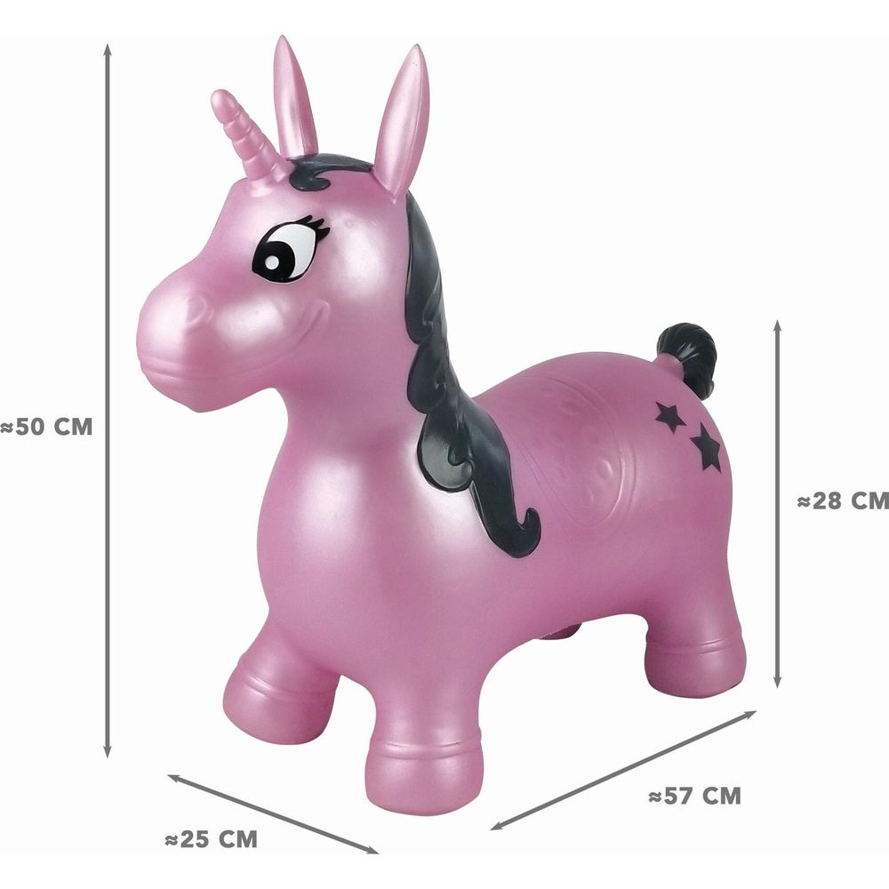 Un unicornio saltador inflable rosa con melena negra y estrellas.