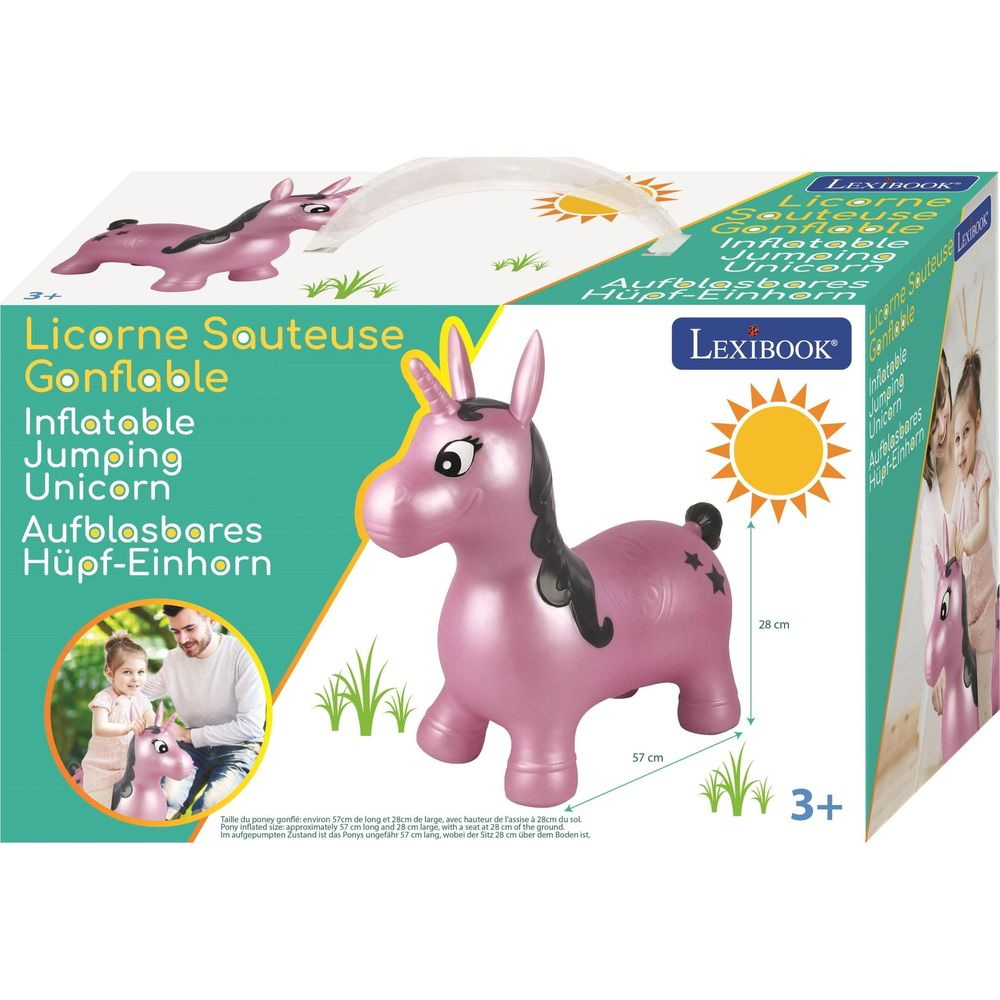 Juguete unicornio inflable rosa con texto y medidas de tamaño.
