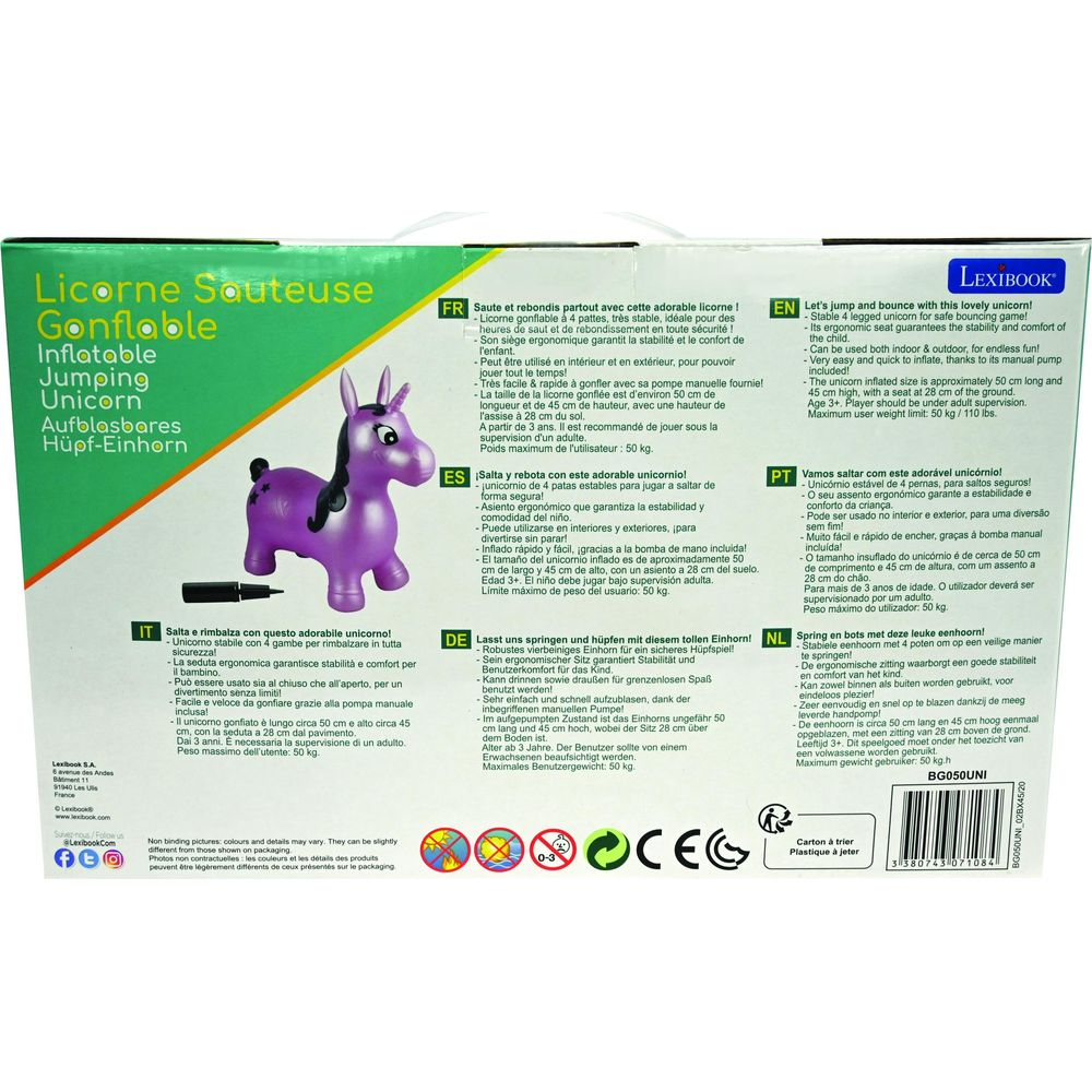 Unicornio inflable morado de 4 patas, aprox. 50cm, para niños mayores de 3 años.