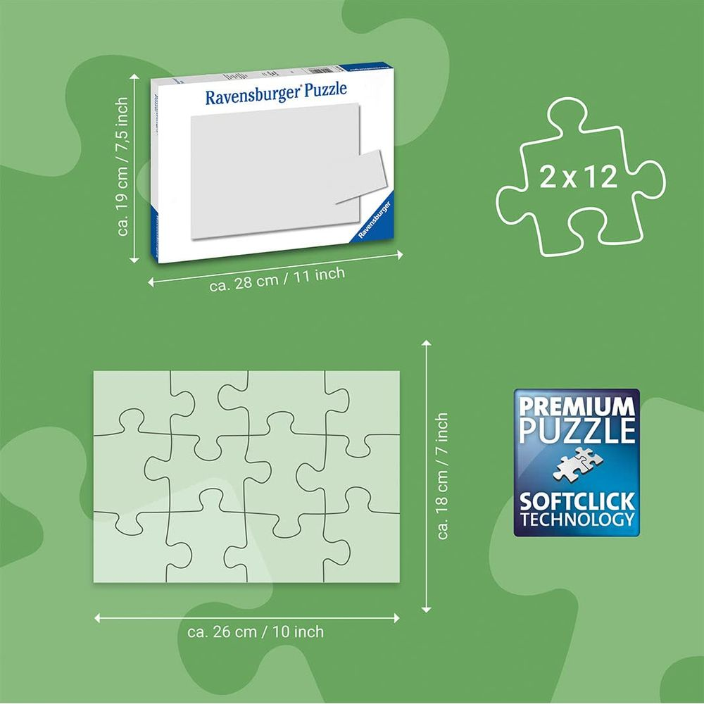 Pudełko puzzli Ravensburger i puzzle 2x12 elementów, podane wymiary.