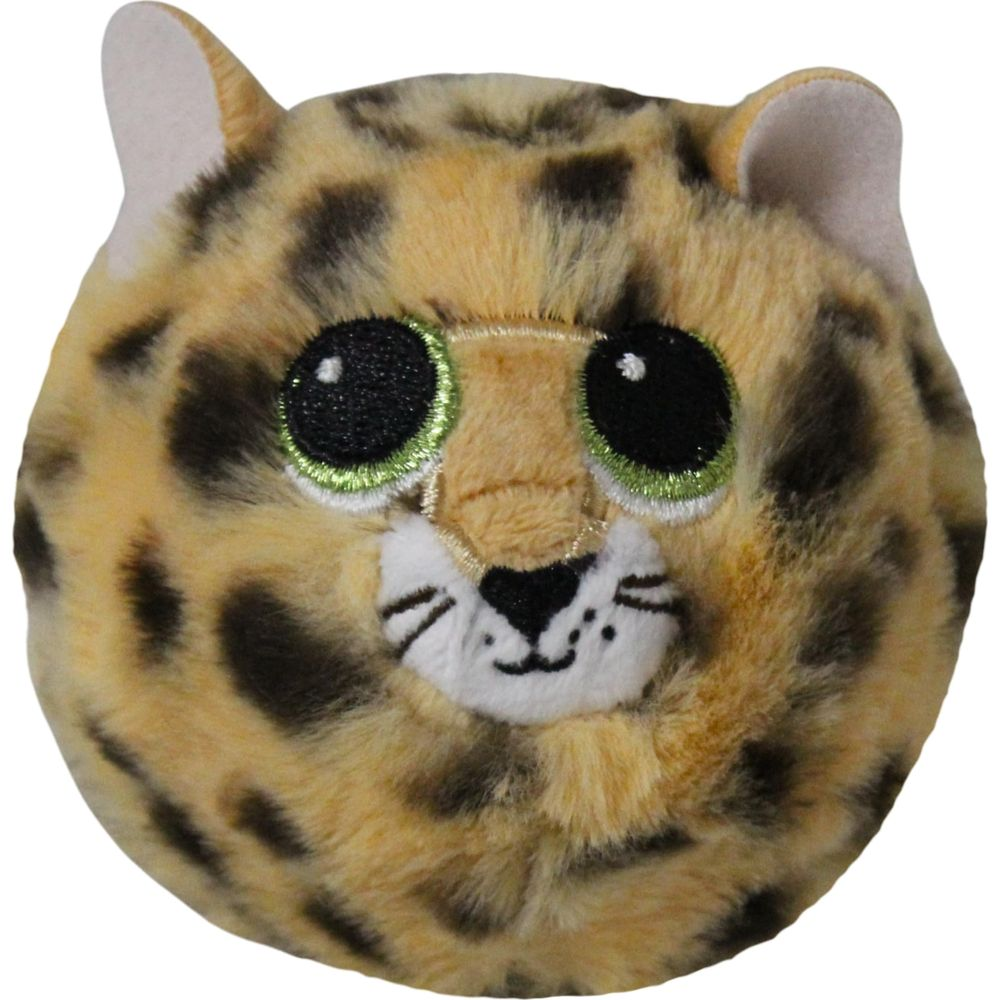 Ein runder, pelziger Leoparden-Plüschball mit großen grünen Augen und schwarzen Flecken.