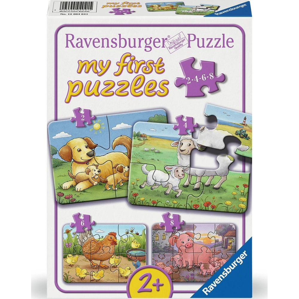 Set di puzzle Ravensburger con animali da fattoria: cani, pecore, galline e maiali.