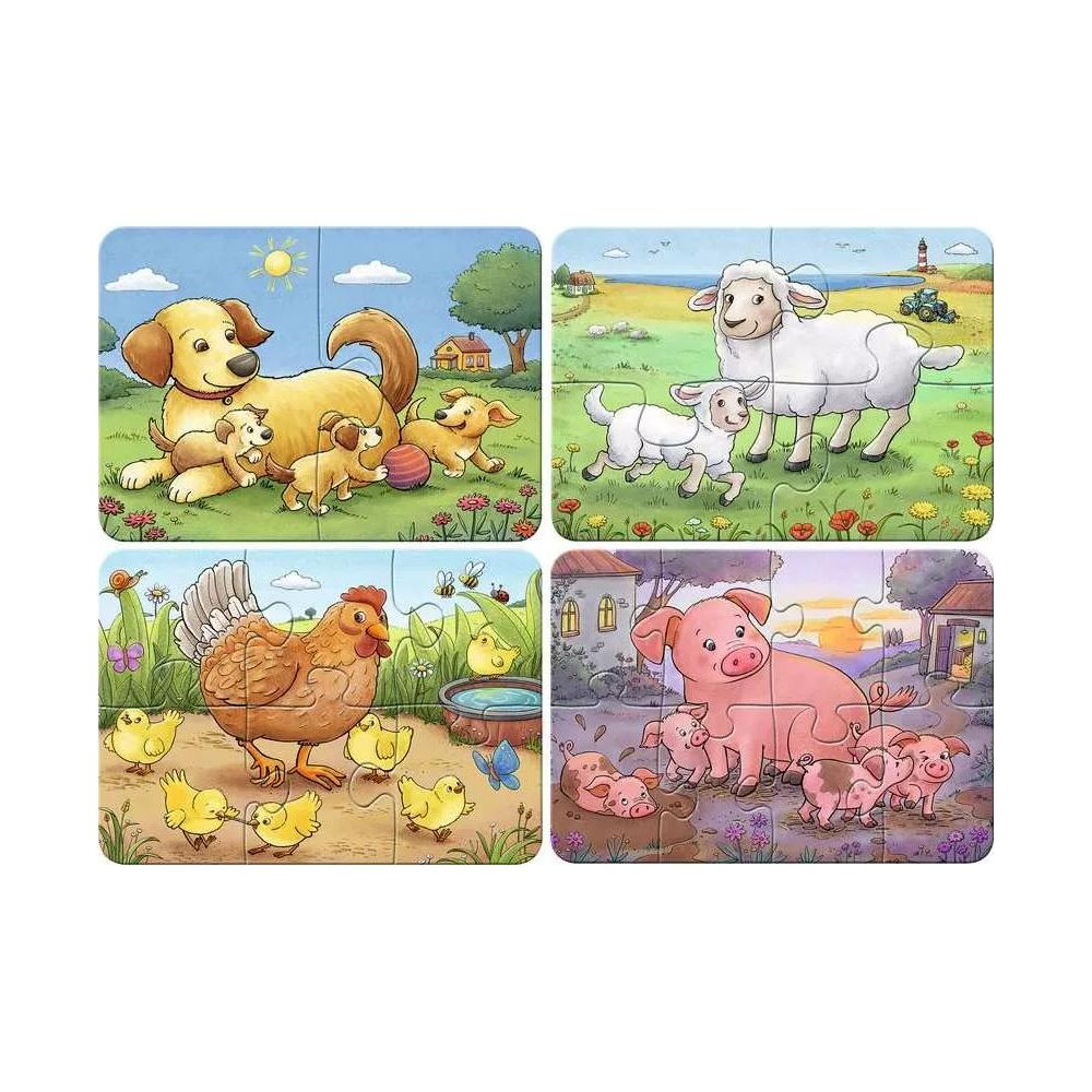 Quattro puzzle di animali da fattoria: cani, pecore, polli e maiali.