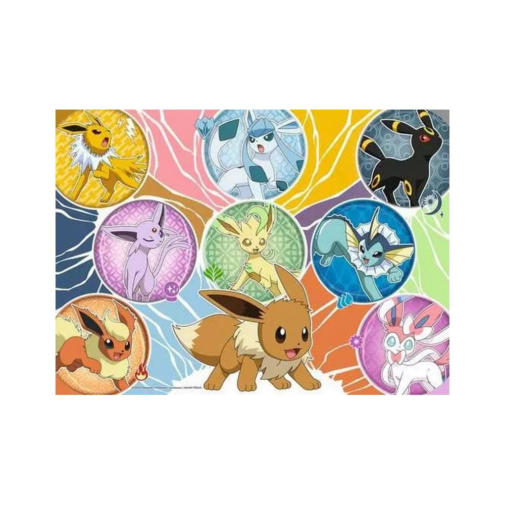 Eevee e le sue evoluzioni in cerchi su sfondo colorato.