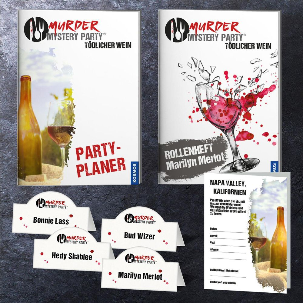Murder Mystery Party: Organizzatore festa, libretto ruoli, segnaposto e invito.