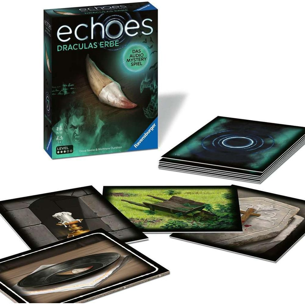 Pudełko gry "Echoes Draculas Erbe" z kartami gry, w tym płyta winylowa.