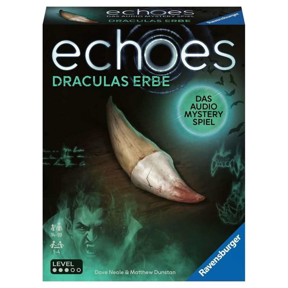 Pudełko gry z wampirem, zębem i tytułem 'Echoes Draculas Erbe'.