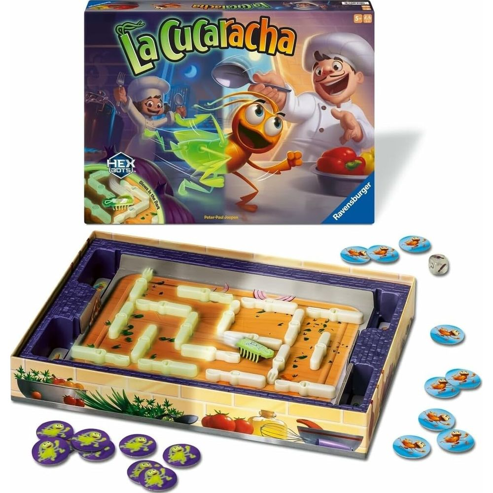Gioco da tavolo La Cucaracha con tabellone dettagliato, pedine e dado.