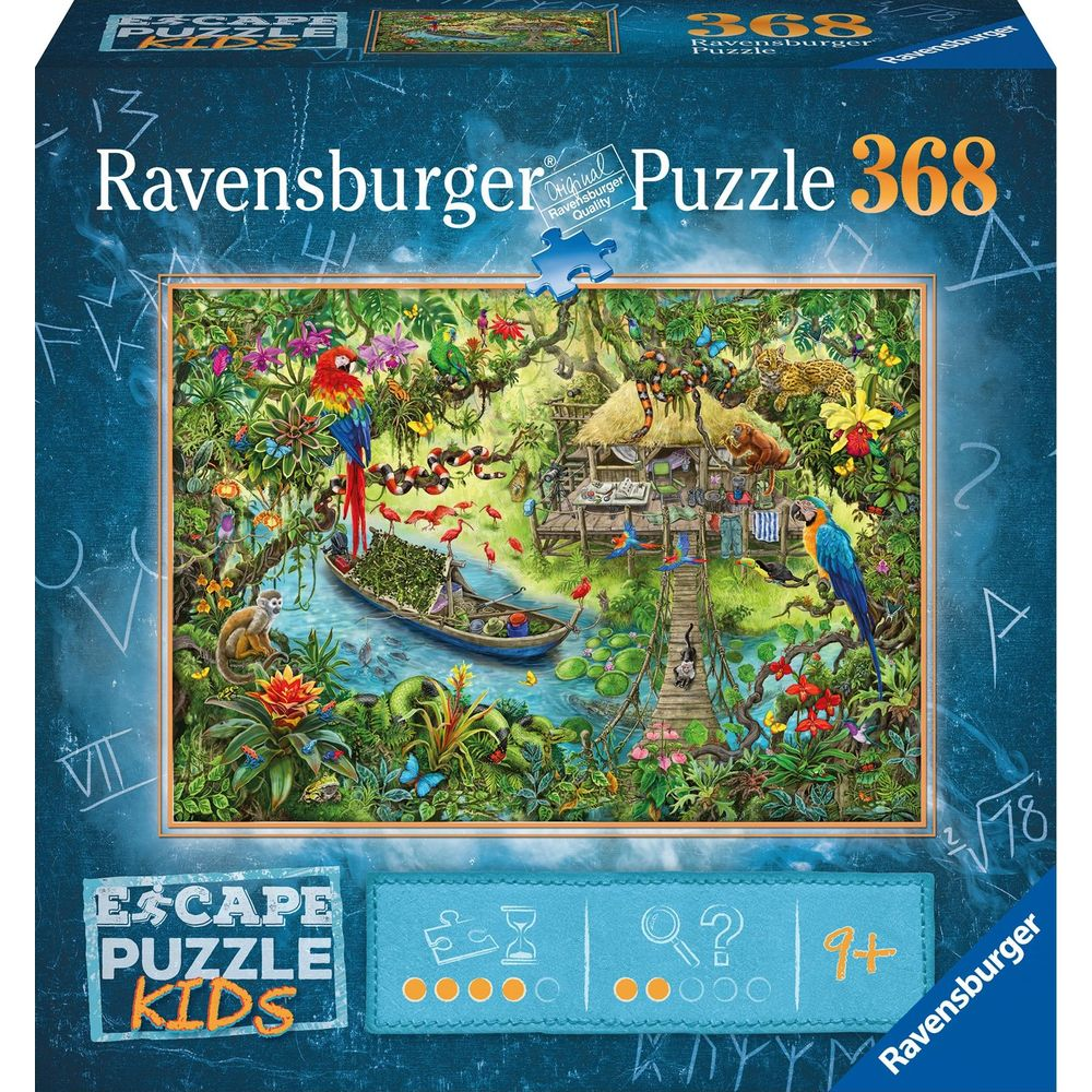 Scena giungla con scimmie, pappagalli, barca e capanna. Scatola puzzle Ravensburger.