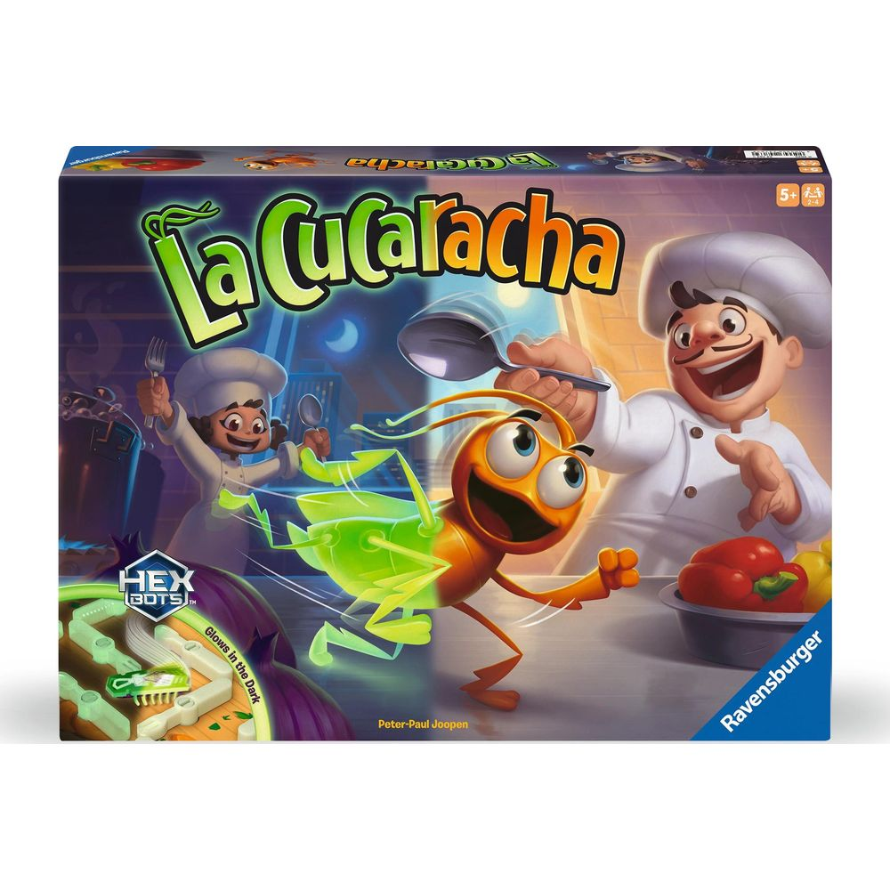 Gioco da tavolo La Cucaracha con chef, scarafaggio, verdure e posate.