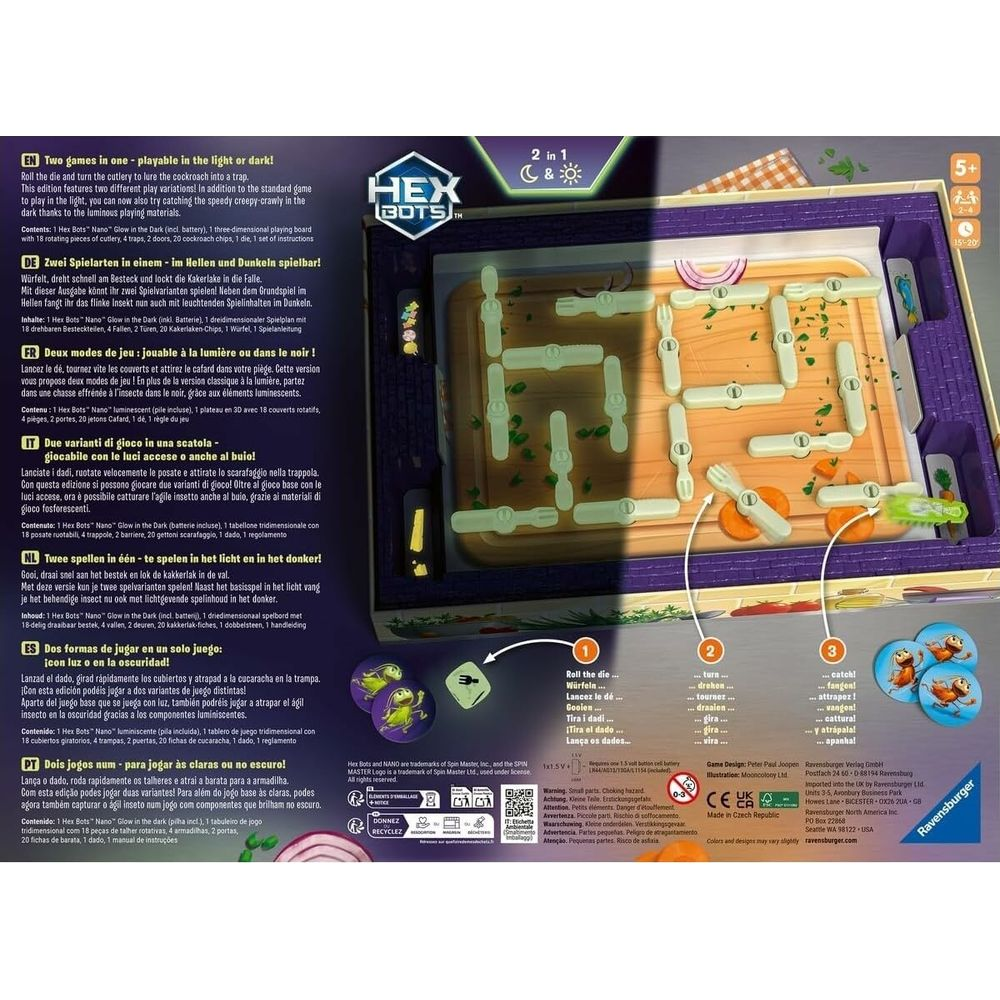 Tabellone di gioco con istruzioni e accessori per un gioco da tavolo che si illumina al buio.