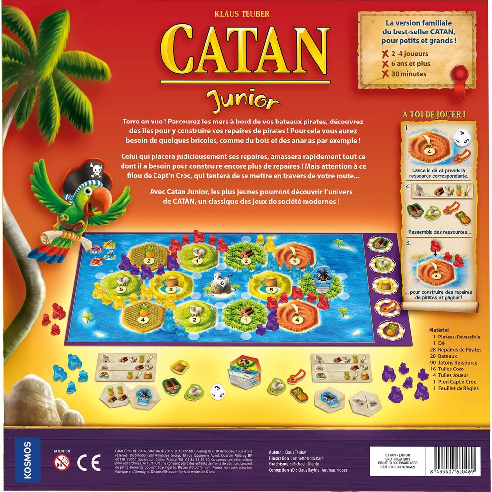 Plansza do gry Catan Junior z piratami, wyspami i zasobami.