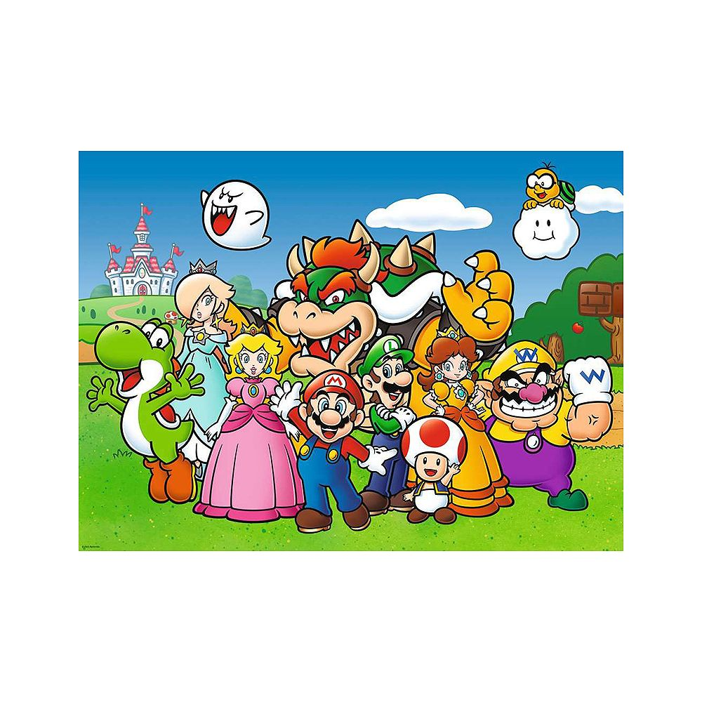 Postacie Mario na zielonej trawie przed zamkiem i niebieskim niebem