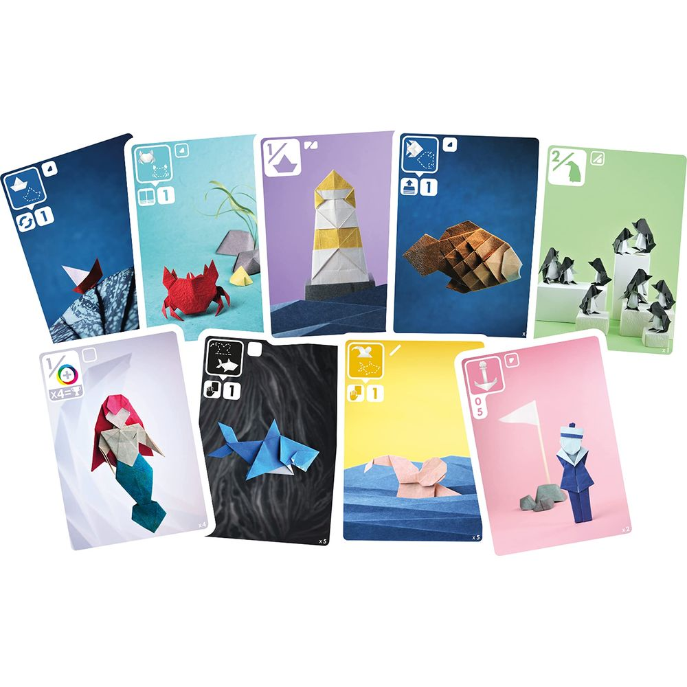 Cartes de jeu origami : sirène, requin, phoque, phare, poisson, pingouins, marin.