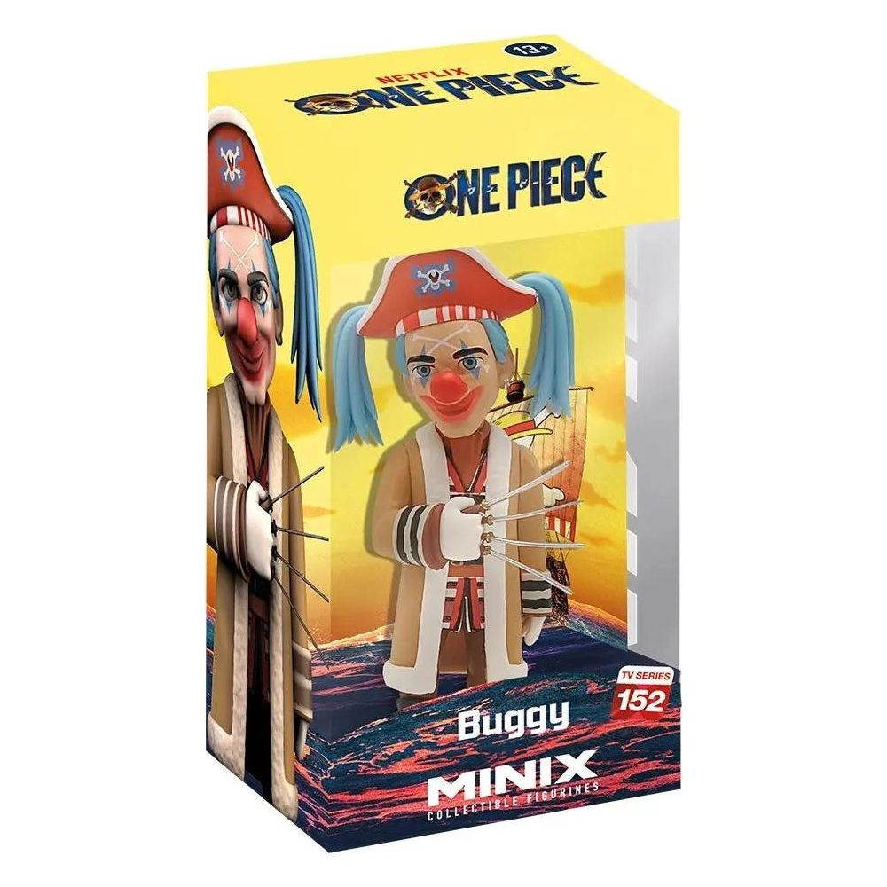 Verpackung der One Piece Minix-Figur von Buggy, mit clownähnlichem Charakter.