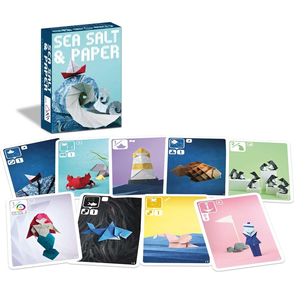 Cartes de jeu origami : un phare, un crabe, un poisson et plus.