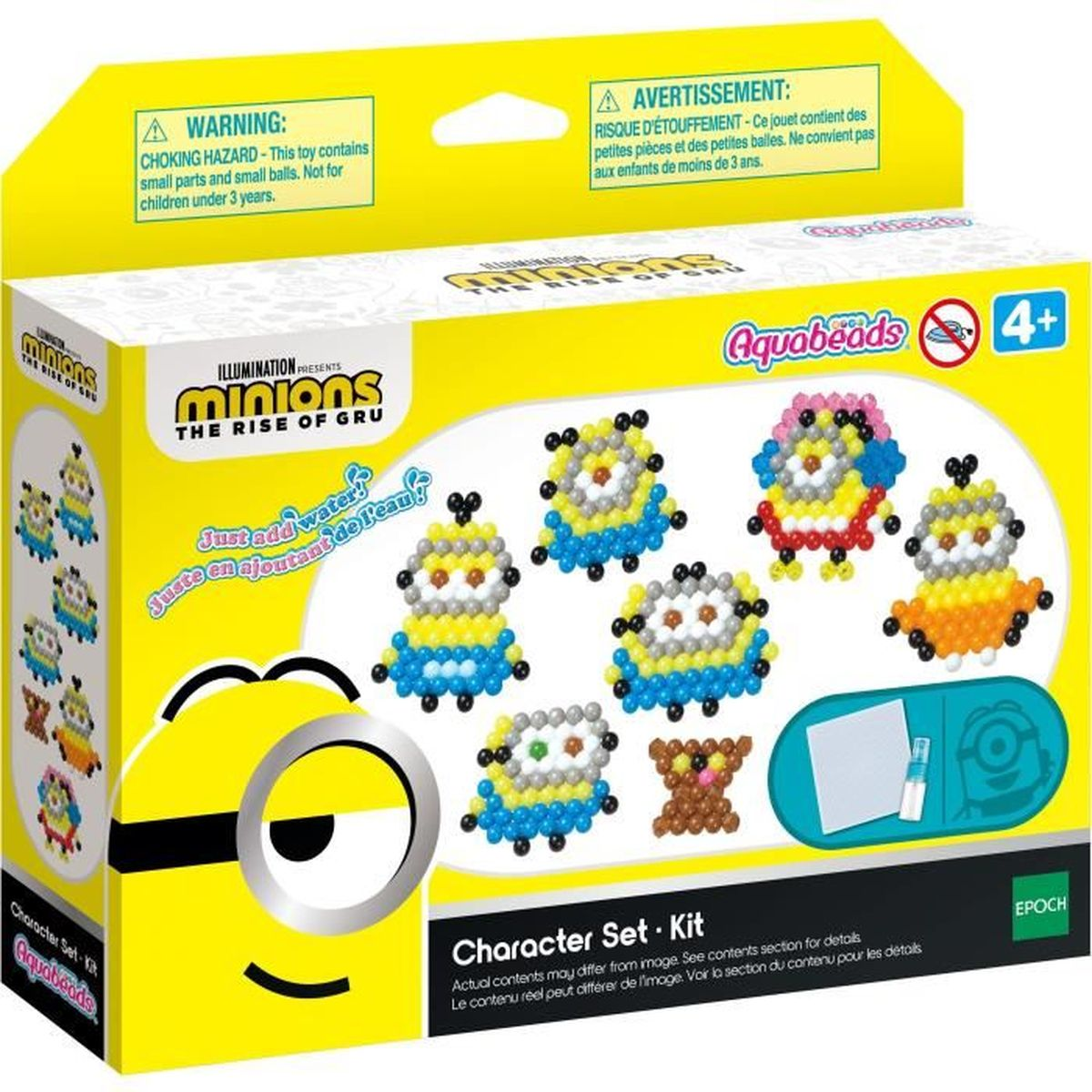 Minions Aquabeads Charakter-Set-Karton mit mehreren Perlen-Minion-Figuren und einem braunen Bär.
