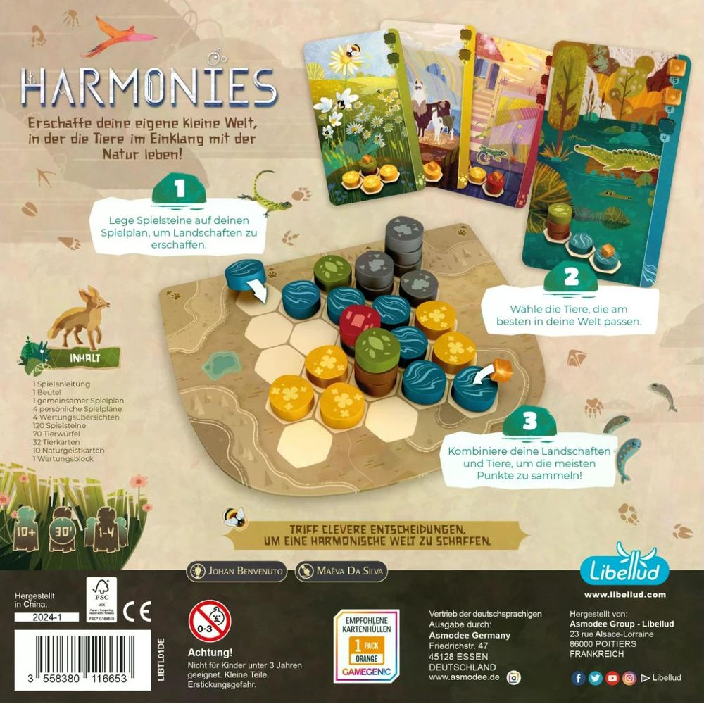 Spiel "Harmonies" mit Spielsteinen, Karten und Anleitung. Zeigt drei Schritte.