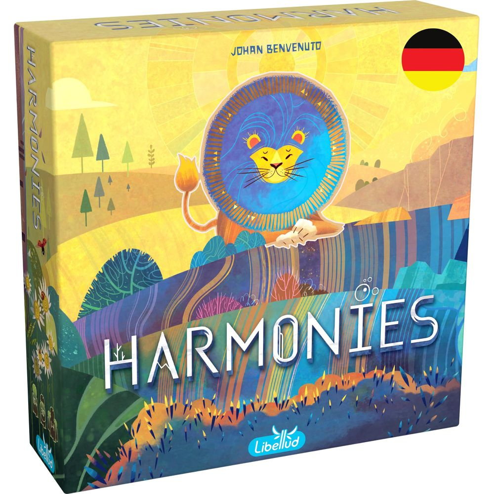Brettspielbox mit einem Löwen und dem Titel Harmonien