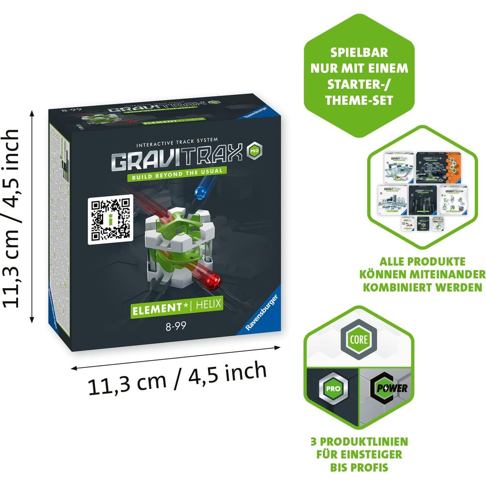 Boîte Élément Helix GraviTrax avec dimensions et informations produit.