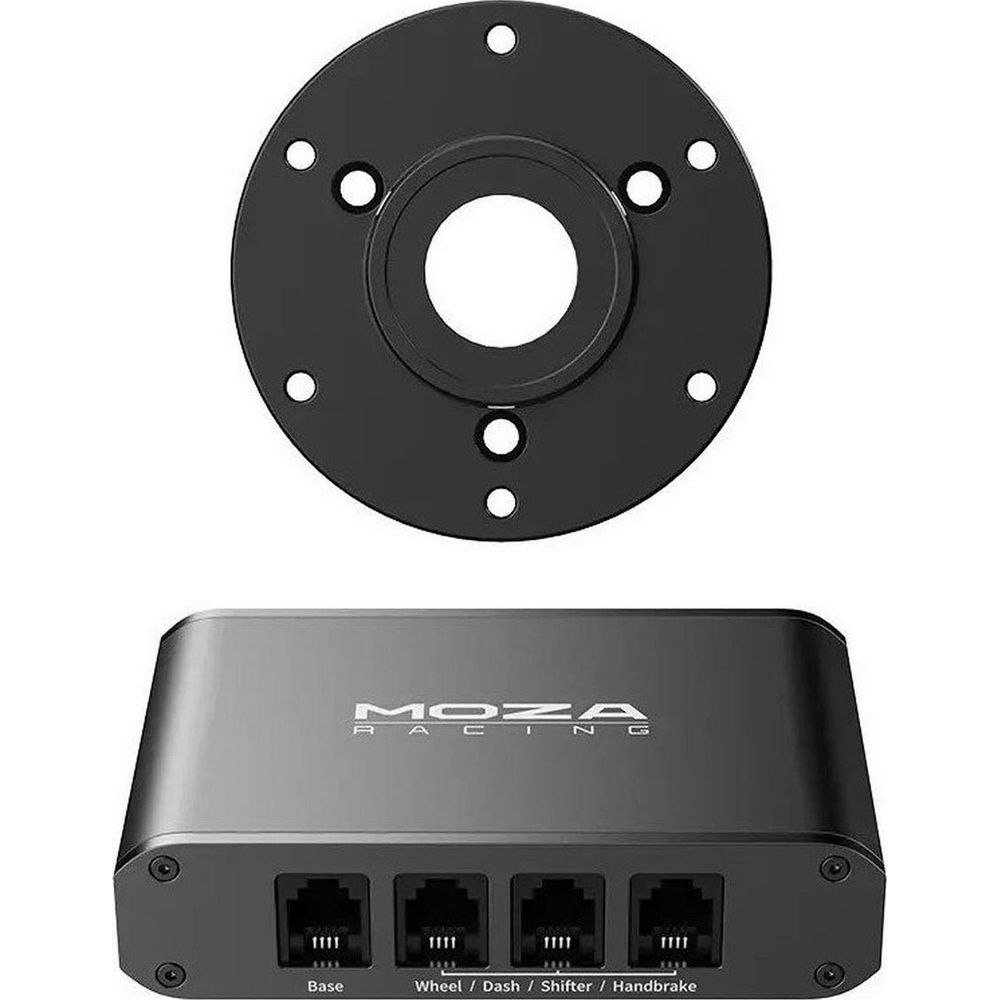 Schwarze Rennsport-Nabe und Steuerbox mit vier Anschlüssen.