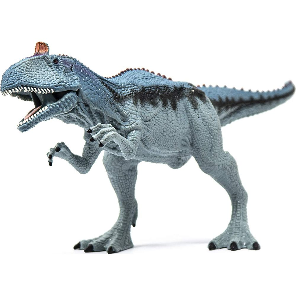 Szaro-niebieski dinozaur zabawkowa z otwartym pyskiem i widocznymi zębami.