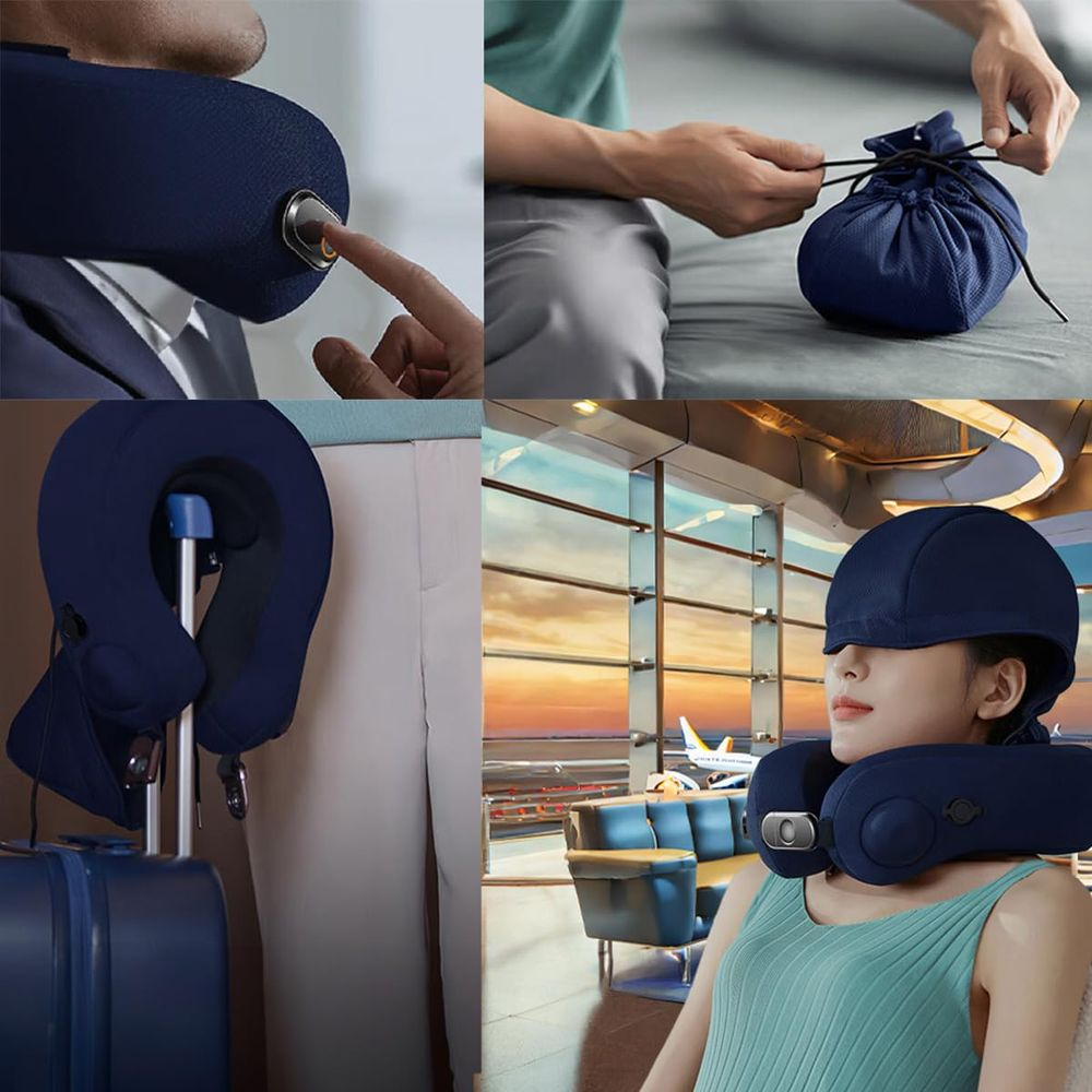 Eine Person drückt auf einen Knopf an einem blauen Nackenkissen. Ein Mann schnürt eine Tasche zu.