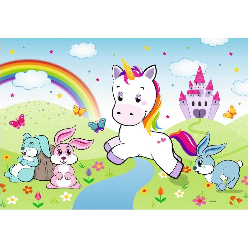 Ein Einhorn mit Regenbogenmähne vor einer Burg, umgeben von Hasen und Schmetterlingen.