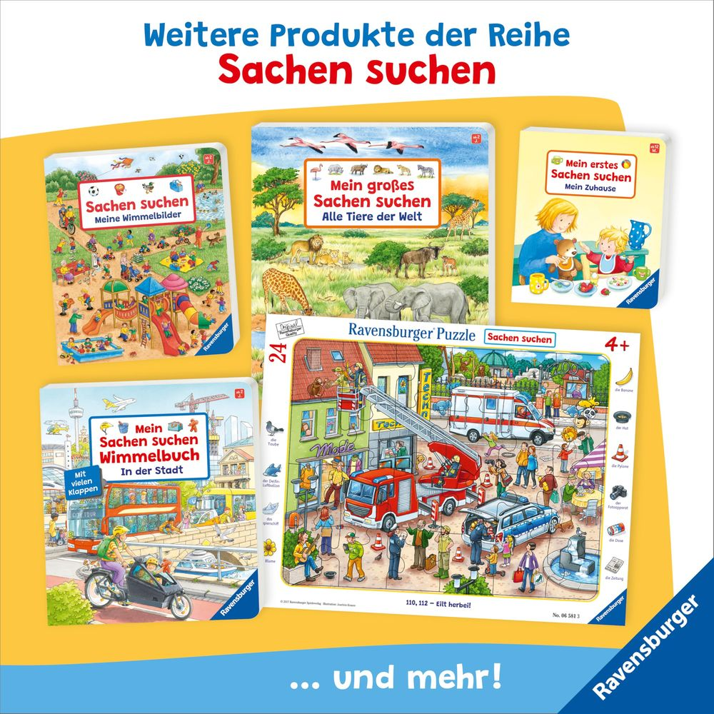 Cztery książki Ravensburger 'Sachen Suchen' i puzzle. Tętniące życiem sceny: plac zabaw, safari, dom, miasto, akcja ratunkowa.